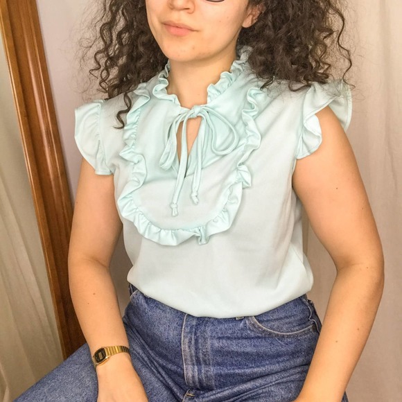 Vintage Tops - Vintage 60s Aqua ruffle tie neck feminine blouse